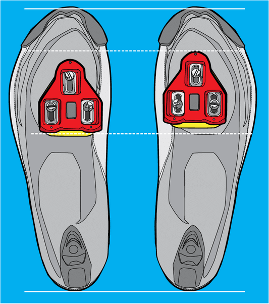 Digital illustration that shows staggered cleats mounted to the bottoms of cycling shoes