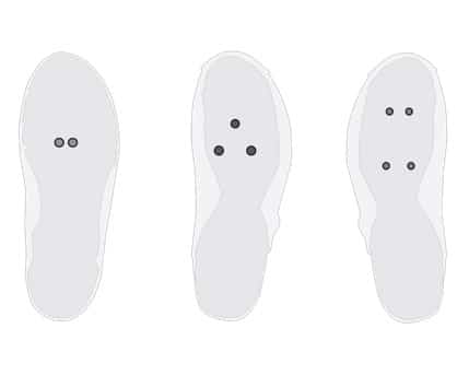 Digital illustration showing 3 different cleat hole patterns on the bottom of cycling shoes.