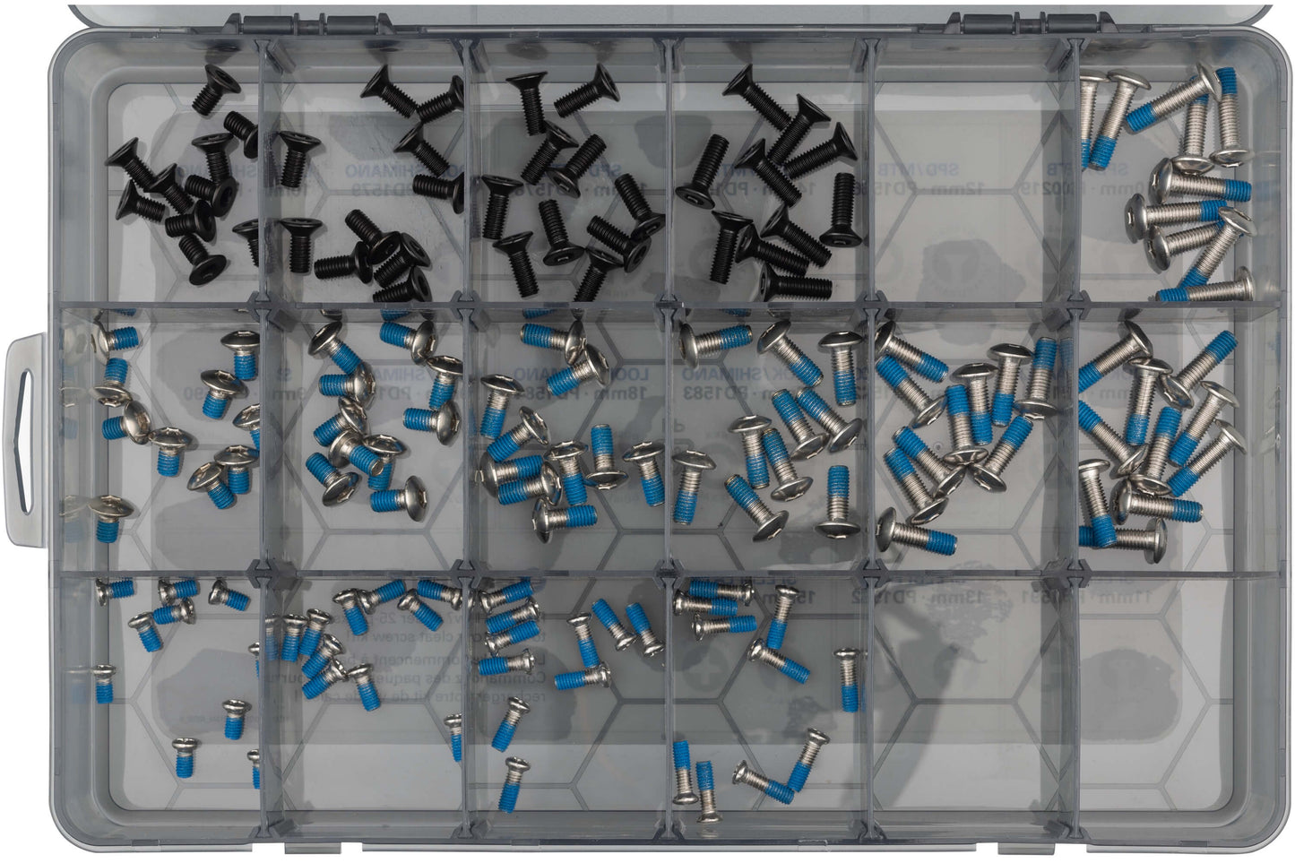 BikeFit Cleat Screw Kit - Top down view of kit box open, showing screws separated by size