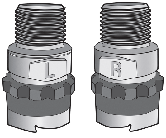 A detailed illustration of left and right pedal spindle extenders