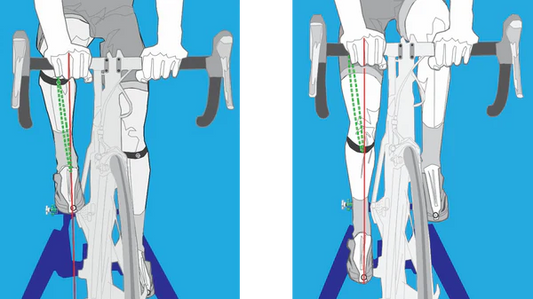 Side by side illustrations of cyclists to compare leg and knee alignment