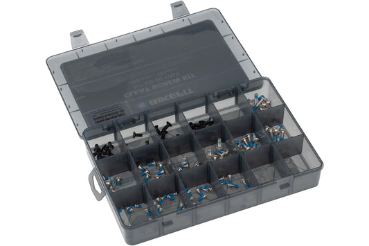 BikeFit Cleat Screw Kit - Kit box shown open with several compartments for different cleat screws
